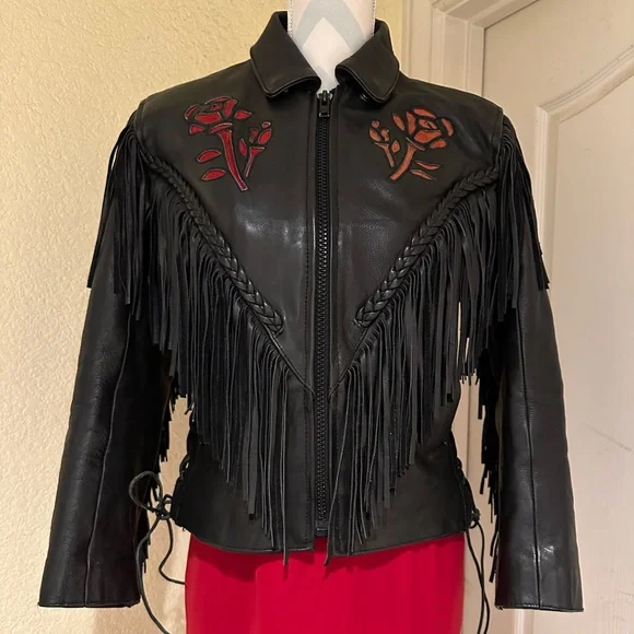 Black Fringe Leather Biker Jacket with Cut Out Rose Details - Picture 4 of 16